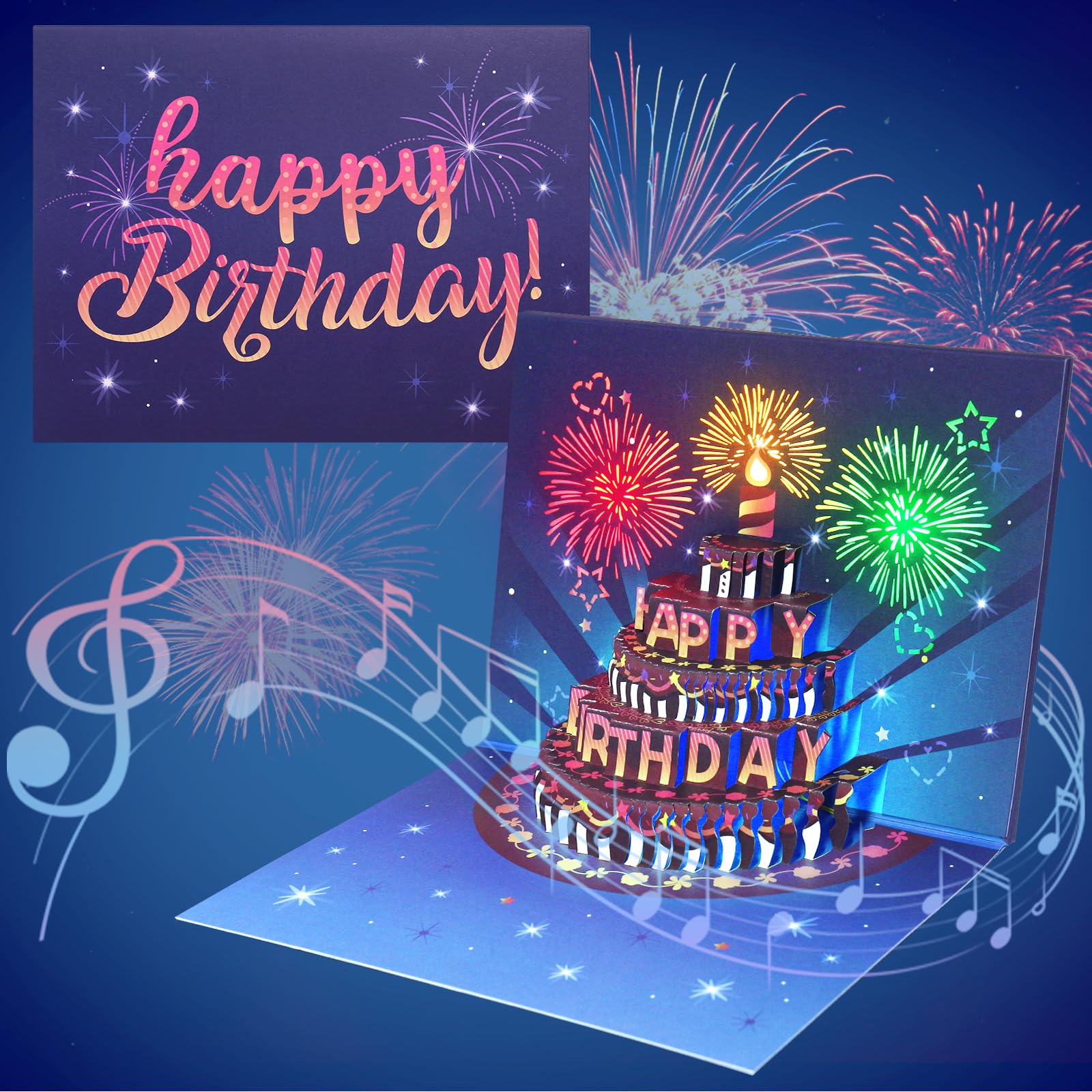 INPHER Birthday Cards Fireworks Pop Up Cake Light and Music Happy Birthday Card Gift for Women, Men, Mom, Grandma