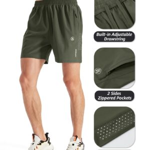 HIFEOS Mens Athletic Shorts -Running, Tennis Gym Workout Shorts for Men 5"/7"/9"- Comfort, Lightweight, 3 Zippered Pockets Army Green