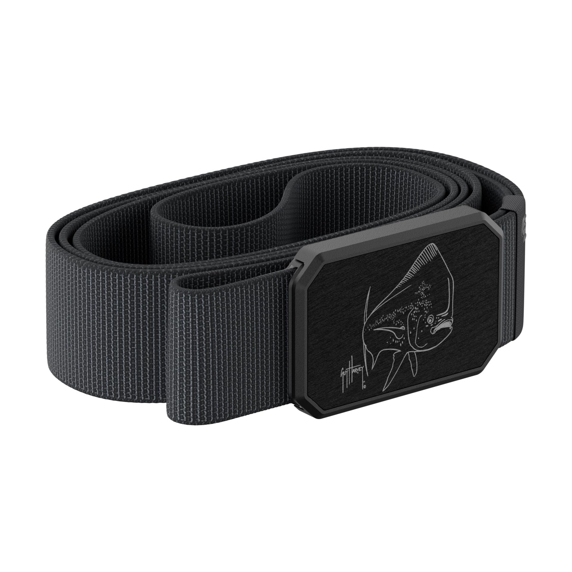 Groove Life and Guy Harvey Mahi Gun Metal/Deep Stone Groove Belt - Men's Stretch Nylon Belt with Magnetic Aluminum Buckle, Lifetime Coverage - Medium (33-36")