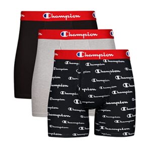 champion men's everyday stretch cotton boxer briefs, moisture-wicking, multi-pack - 3 black/grey/logo briefs, large