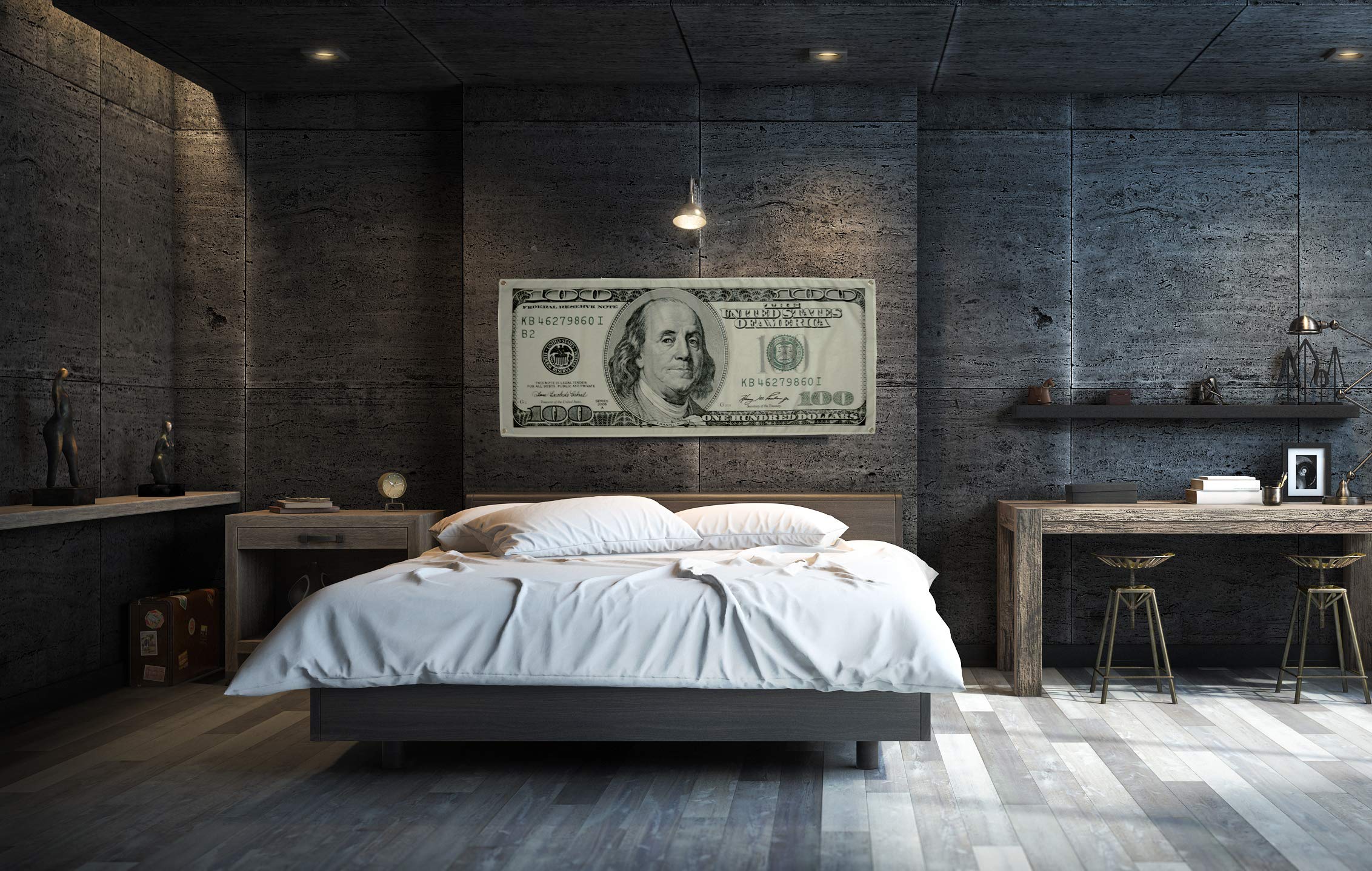 Motivational 100 Dollar Bill Large Life Size Money Flag Backdrop -Man Cave Wall Decorations Benjamin Franklin Dorm Bedroom Accessories - Frat House Living Room Flag 2X5 Cool Flag for Guys Home Office