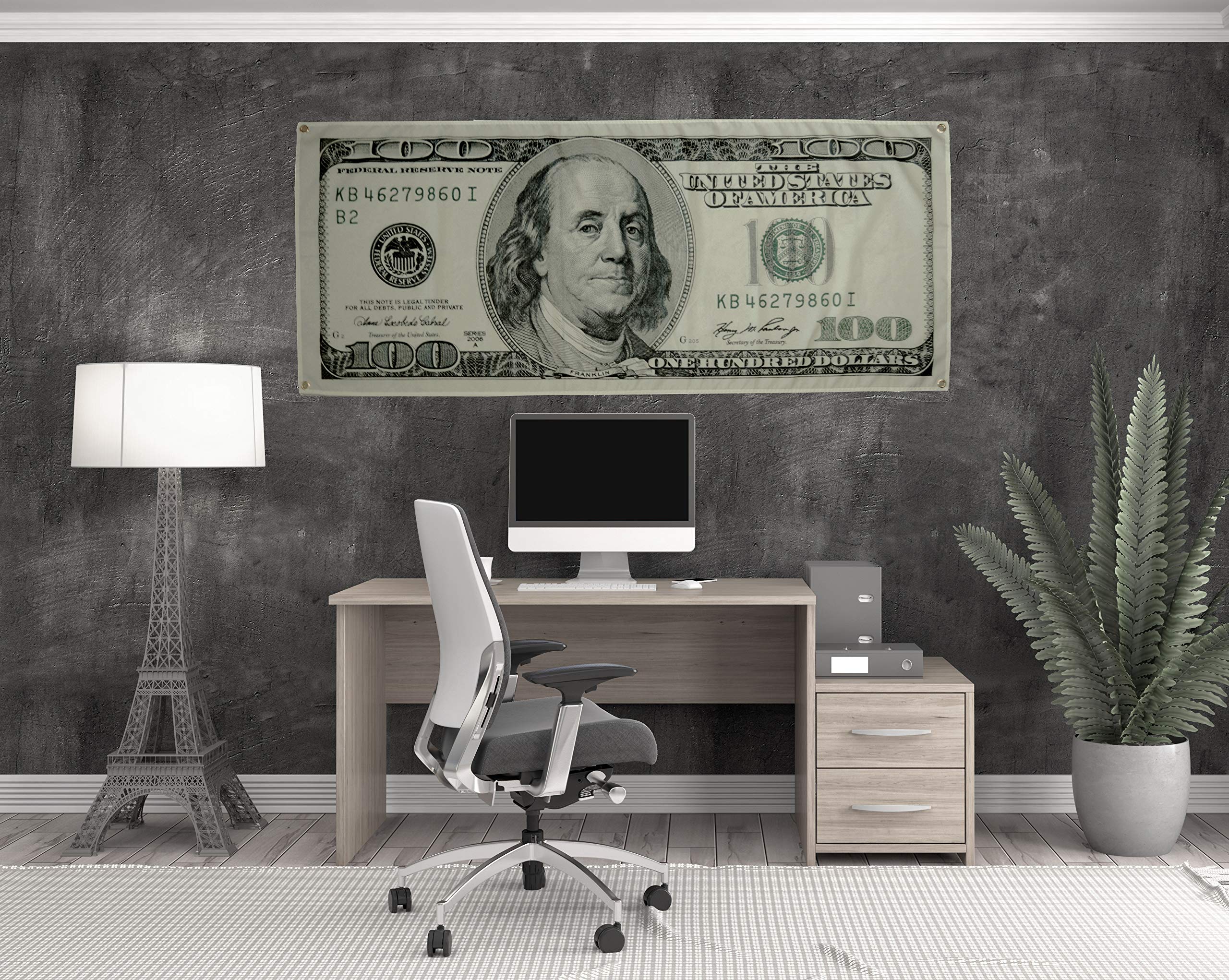 Motivational 100 Dollar Bill Large Life Size Money Flag Backdrop -Man Cave Wall Decorations Benjamin Franklin Dorm Bedroom Accessories - Frat House Living Room Flag 2X5 Cool Flag for Guys Home Office