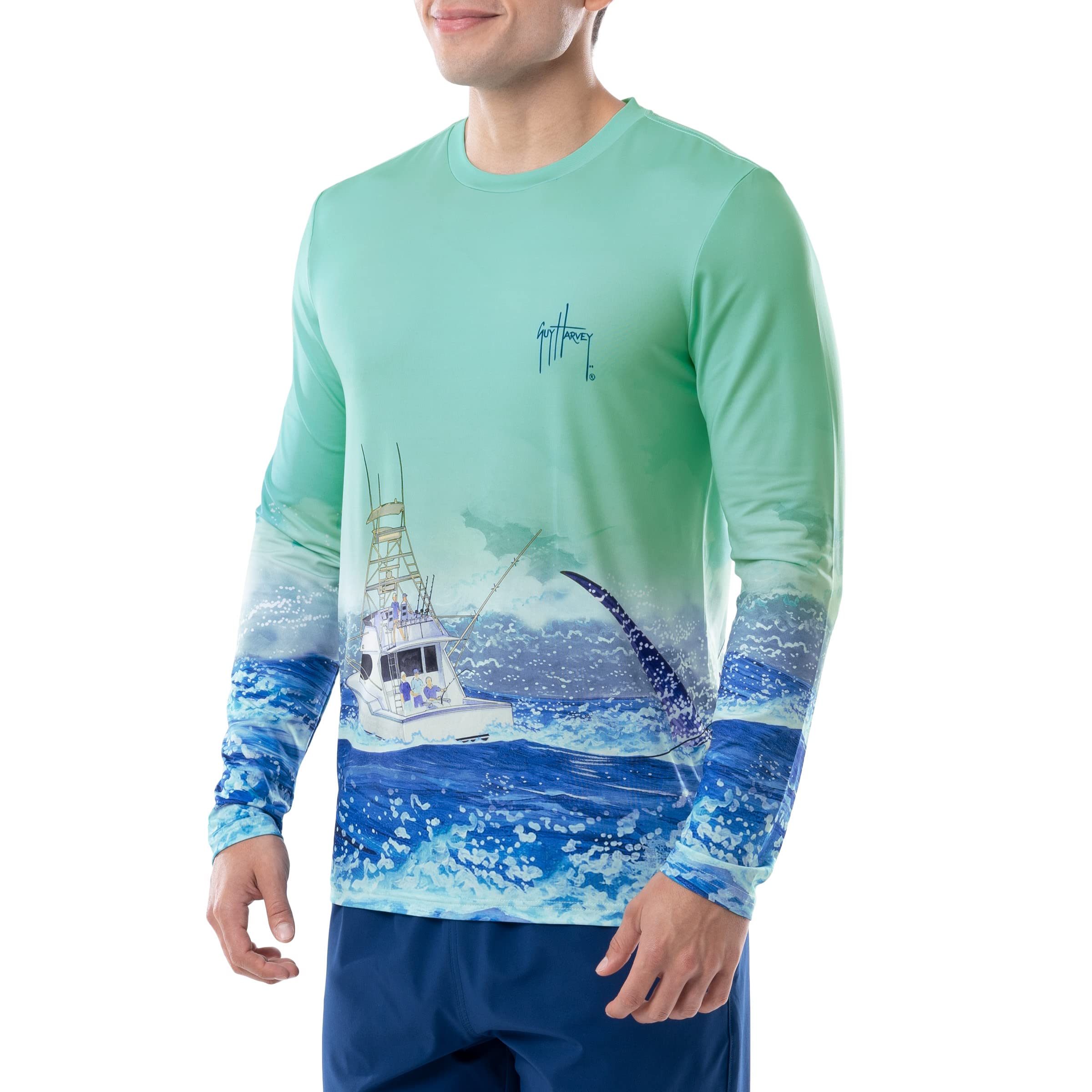 Guy Harvey Men’s Long Sleeve Performance Shirt with 50+ UPF Sun Protection, Beach Glass/Offshore Charter, 3X-Large