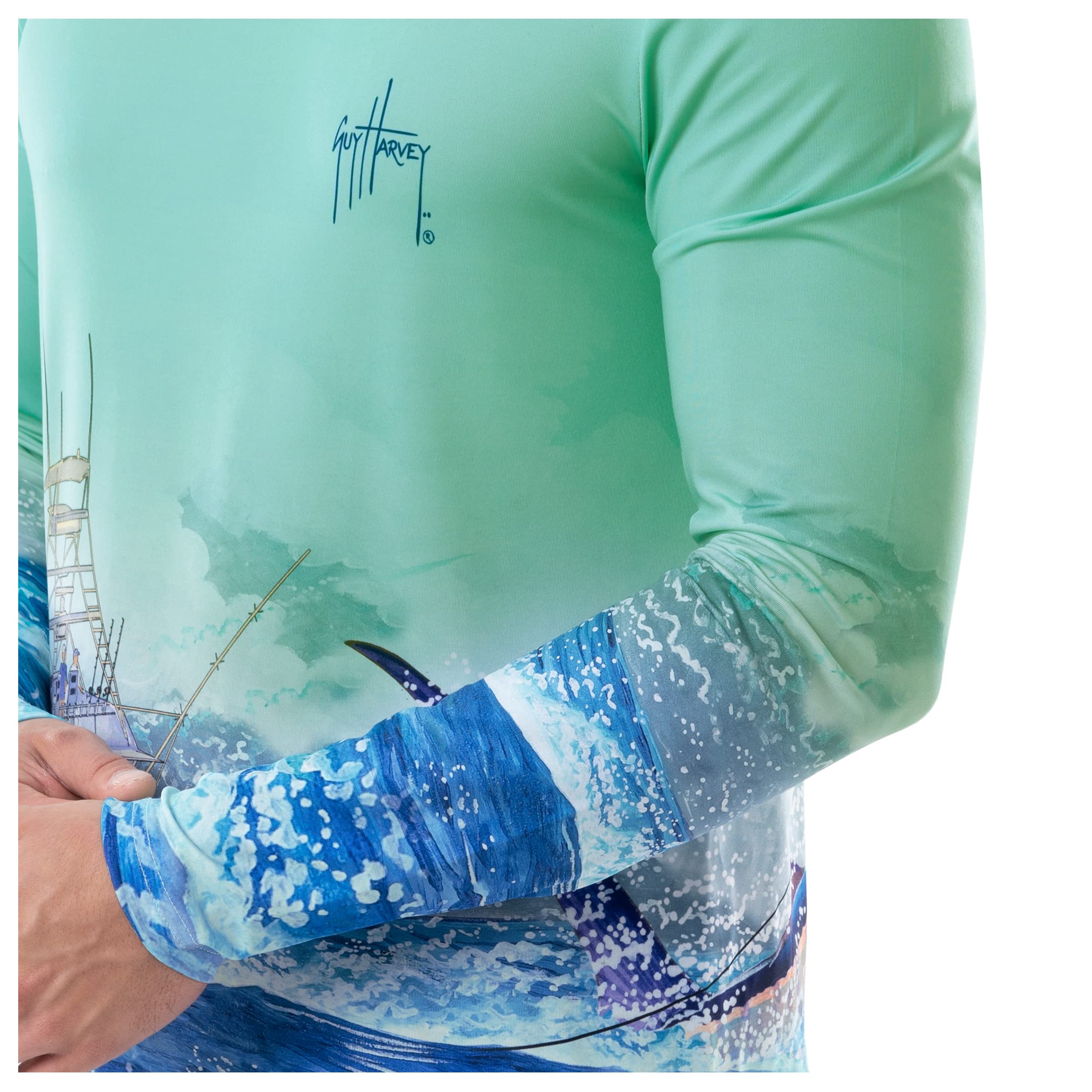 Guy Harvey Men’s Long Sleeve Performance Shirt with 50+ UPF Sun Protection, Beach Glass/Offshore Charter, 3X-Large