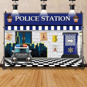 Police Station Backdrop Police Theme Large Police Booth Car Gray Brick Wall Photography Background Wanted White and Black Road Cool Boy Man Birthday Party Baby Shower Guy Room Wallpaper 7x5ft