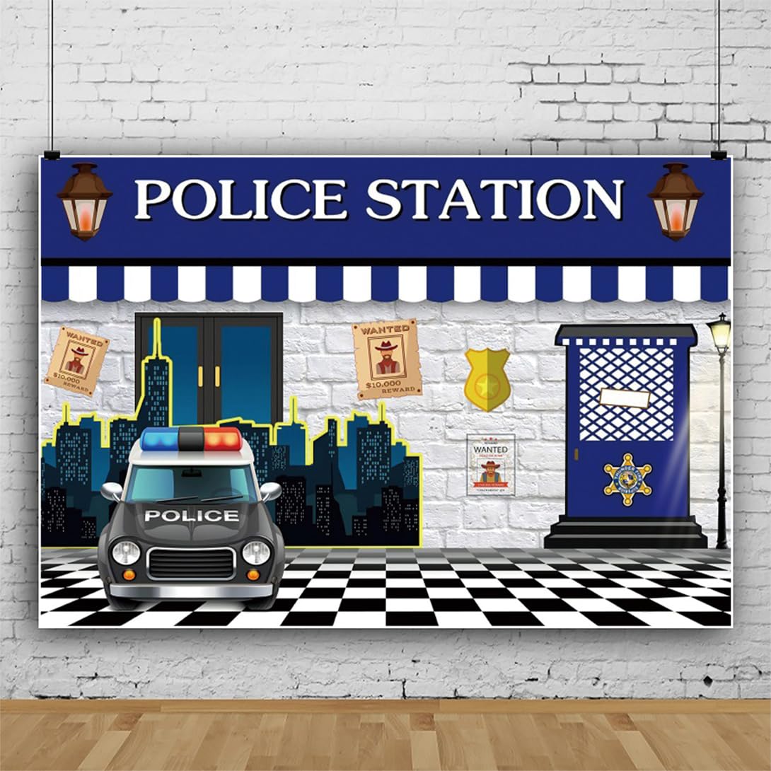 Police Station Backdrop Police Theme Large Police Booth Car Gray Brick Wall Photography Background Wanted White and Black Road Cool Boy Man Birthday Party Baby Shower Guy Room Wallpaper 7x5ft