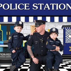 Police Station Backdrop Police Theme Large Police Booth Car Gray Brick Wall Photography Background Wanted White and Black Road Cool Boy Man Birthday Party Baby Shower Guy Room Wallpaper 7x5ft