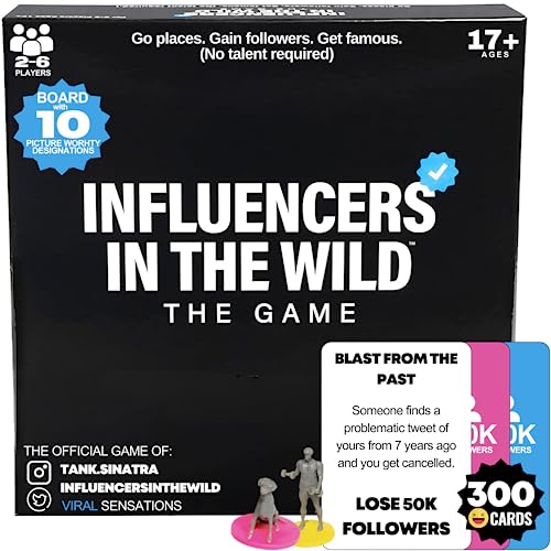 Influencers in the Wild Board Game - 2-6 Players - Built by Tank Sinatra & Tank's Good News - Social Media Board Games for Adults, Social Media Merchandise Card Games for Adults