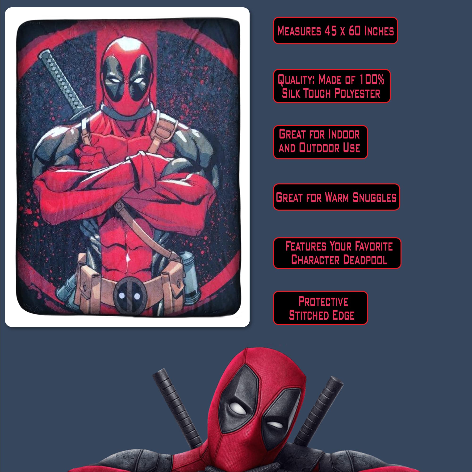 Bazillion Dreams Marvel Deadpool Tough Guy Fleece Softest Comfy Throw Blanket for Adults & Kids| Measures 60 x 45 Inches