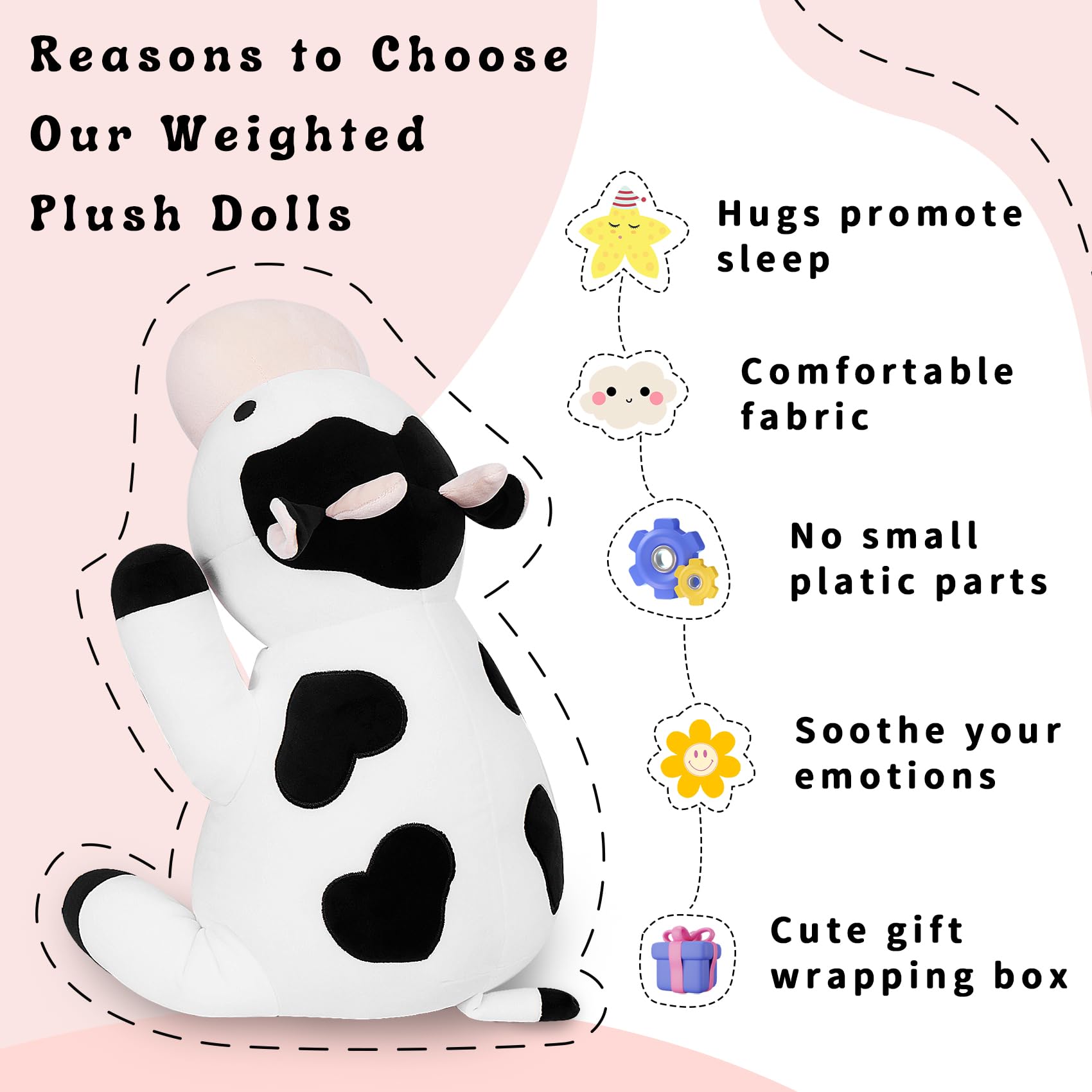 IdeaMeme Milk Cow Weighted Plush, 24" 4.2 lbs Weighted Stuffed Animals Series, Cute Cow Plushie Dolls Throw Pillow Birthday Gifts for Children Kids Adults