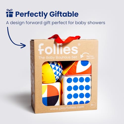 Follies The Baby Bauhaus Set - Award Winning Jumbo Soft Baby Blocks, Rattle Ball, Mirror from 0 to 18 Months - Must Have Montessori Developmental Sensory Toys for Tummy Time and Brain Development