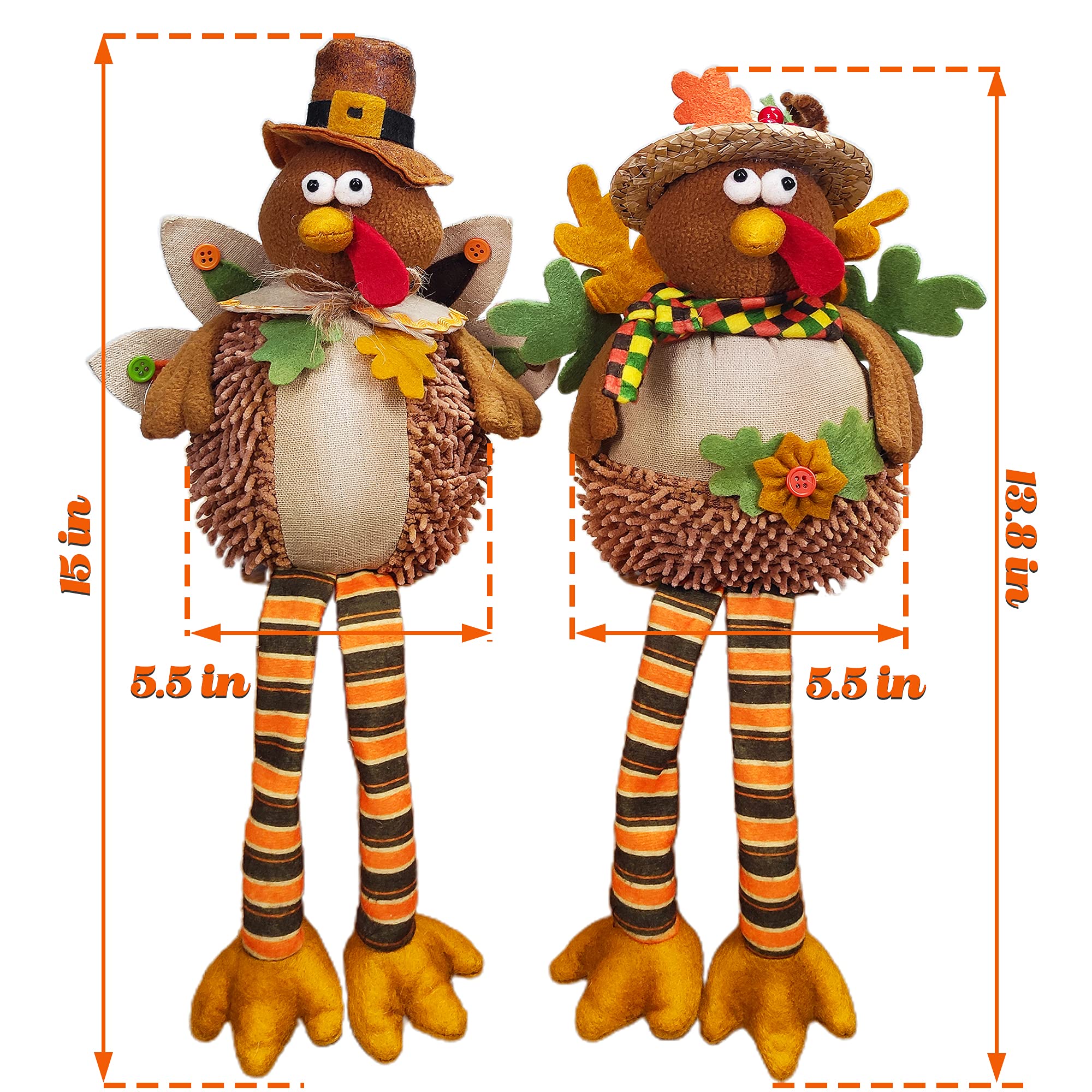 Ogrmar 15 Inch 2 Pack Stuffed Turkey Couple Doll Thanksgiving Tabletop Decorations Exquisite Handmade Turkey Plush Doll Kit for Autumn Harvest Home and Room Table Ornaments