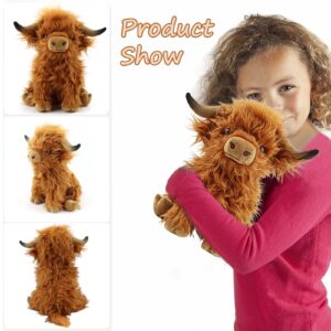 Highland Cows Stuffed Animal Realistic Scottish Cow Plush Toy Soft Farm Animal Cattle Plushie Doll Present for Adults Kids Boys Girls (Brown Cow, 10.8 Inch)