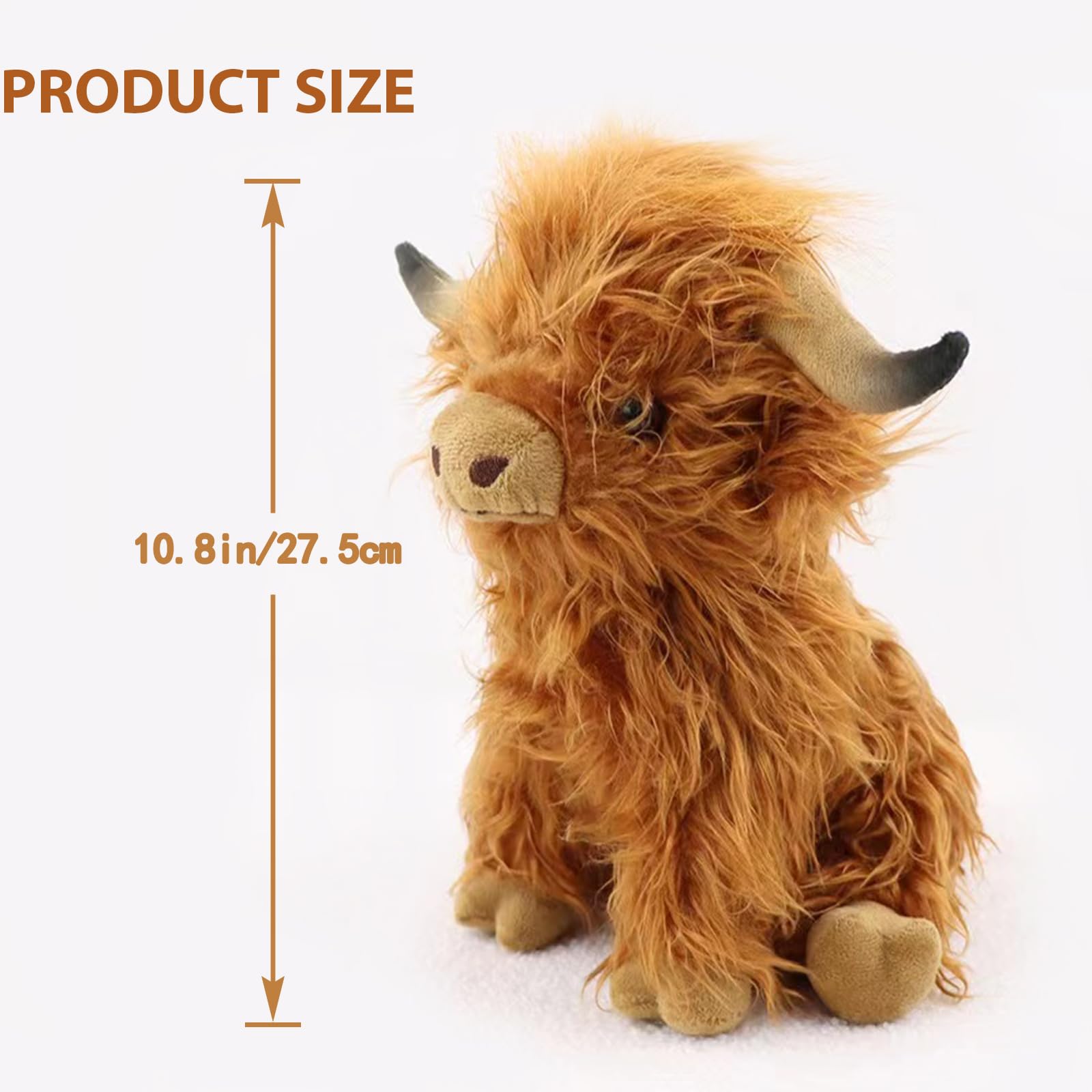 Highland Cows Stuffed Animal Realistic Scottish Cow Plush Toy Soft Farm Animal Cattle Plushie Doll Present for Adults Kids Boys Girls (Brown Cow, 10.8 Inch)