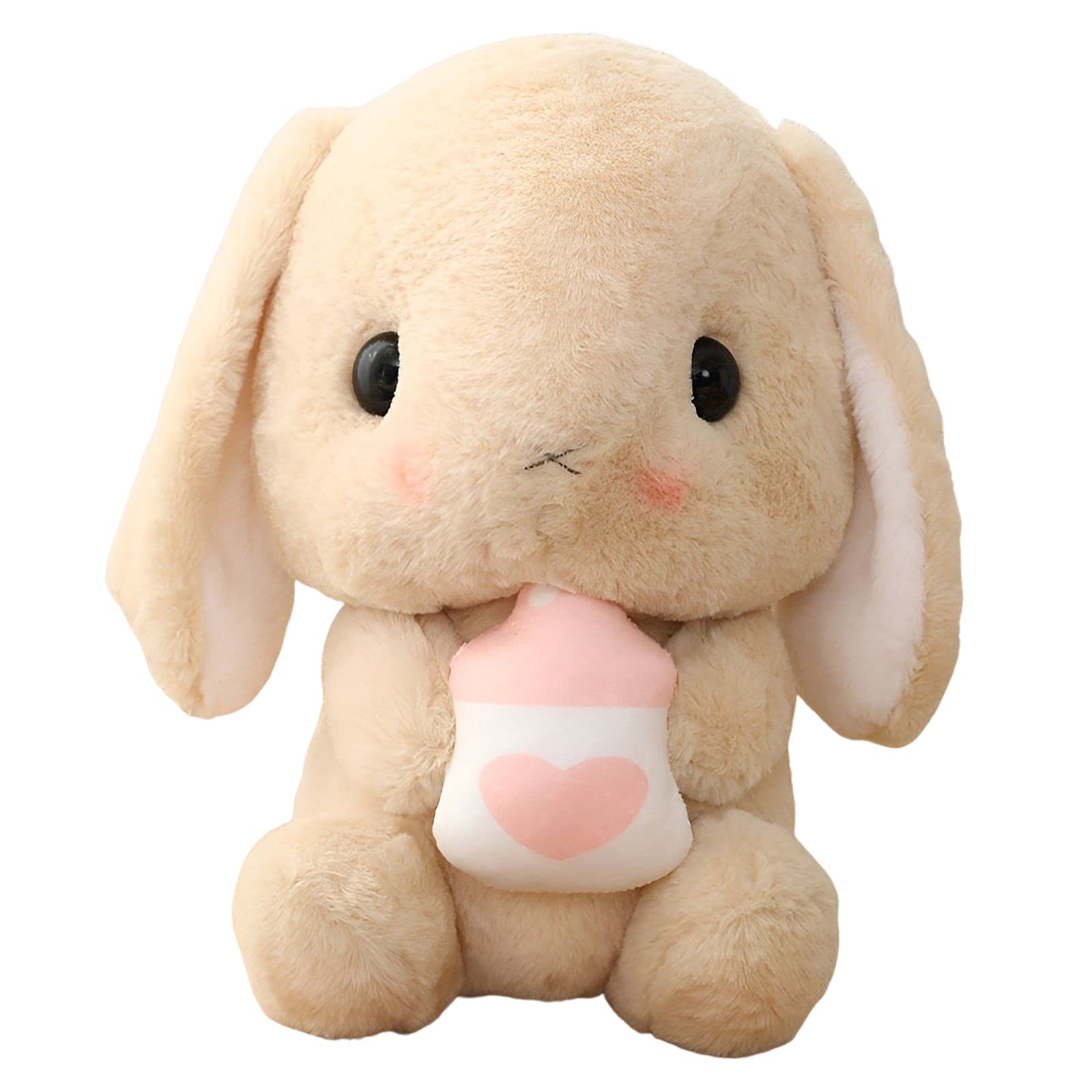 HOUPU Soft Toy - Sitting Lop Eared Rabbit, Easter White Rabbit Stuffed Bunny Animal with Carrot Soft Lovely Realistic Long-Eared Standing Pink Plush Toys (Brown-Milk Bottle,8.6in/22cm)