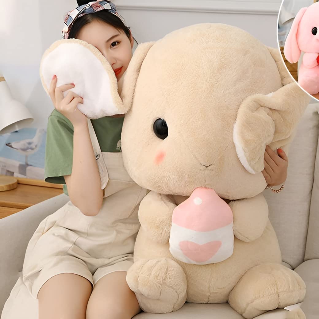 HOUPU Soft Toy - Sitting Lop Eared Rabbit, Easter White Rabbit Stuffed Bunny Animal with Carrot Soft Lovely Realistic Long-Eared Standing Pink Plush Toys (Brown-Milk Bottle,8.6in/22cm)