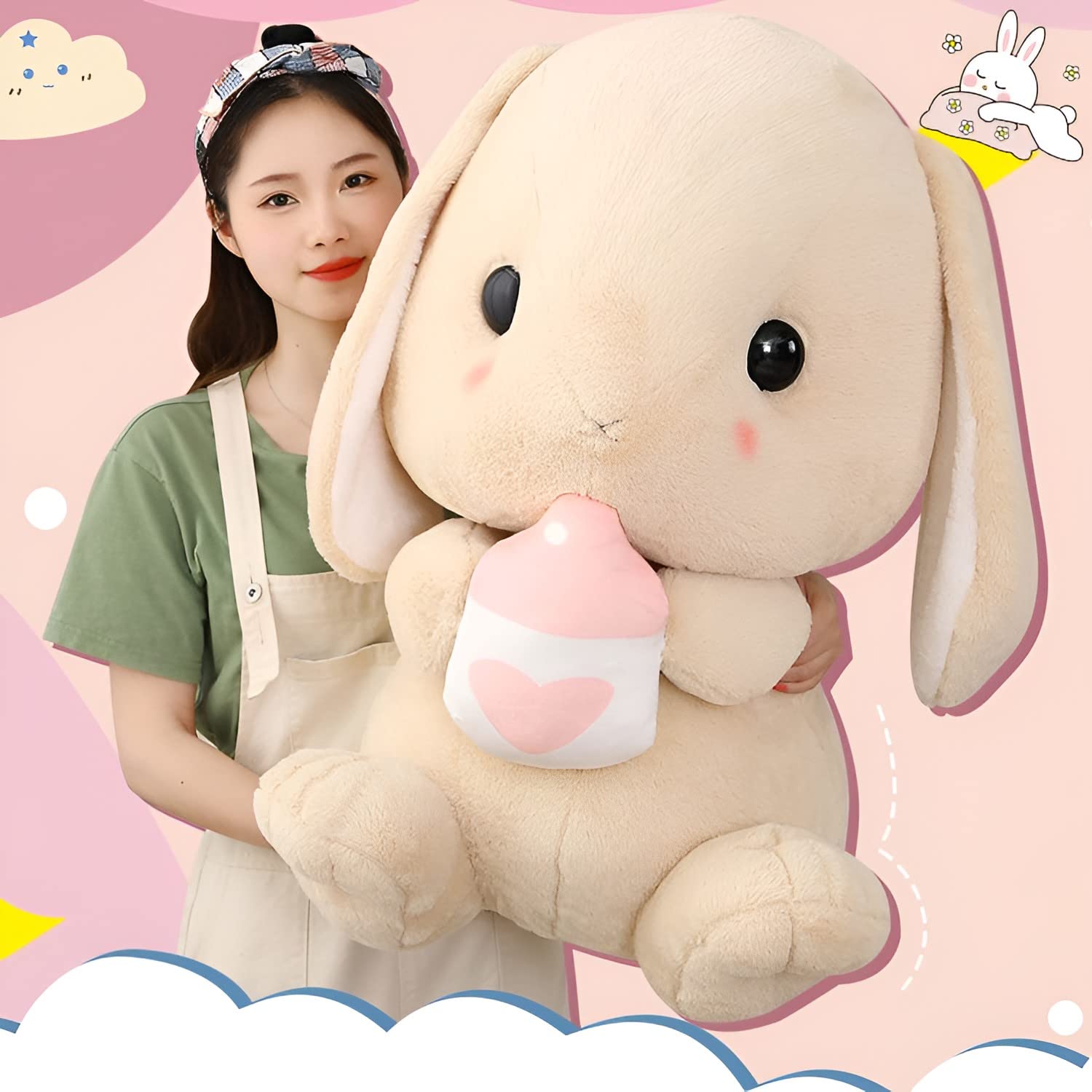 HOUPU Soft Toy - Sitting Lop Eared Rabbit, Easter White Rabbit Stuffed Bunny Animal with Carrot Soft Lovely Realistic Long-Eared Standing Pink Plush Toys (Brown-Milk Bottle,8.6in/22cm)