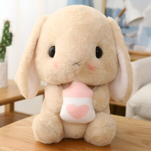 HOUPU Soft Toy - Sitting Lop Eared Rabbit, Easter White Rabbit Stuffed Bunny Animal with Carrot Soft Lovely Realistic Long-Eared Standing Pink Plush Toys (Brown-Milk Bottle,8.6in/22cm)