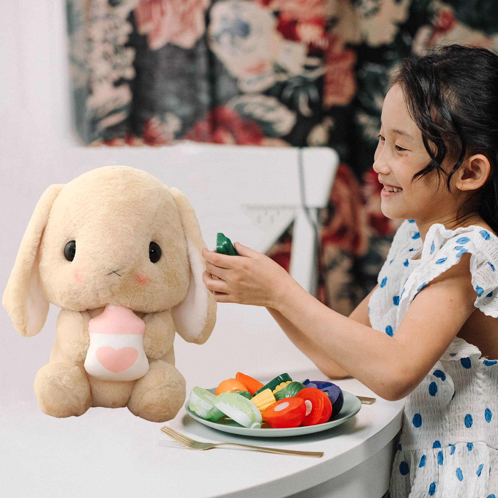 HOUPU Soft Toy - Sitting Lop Eared Rabbit, Easter White Rabbit Stuffed Bunny Animal with Carrot Soft Lovely Realistic Long-Eared Standing Pink Plush Toys (Brown-Milk Bottle,8.6in/22cm)