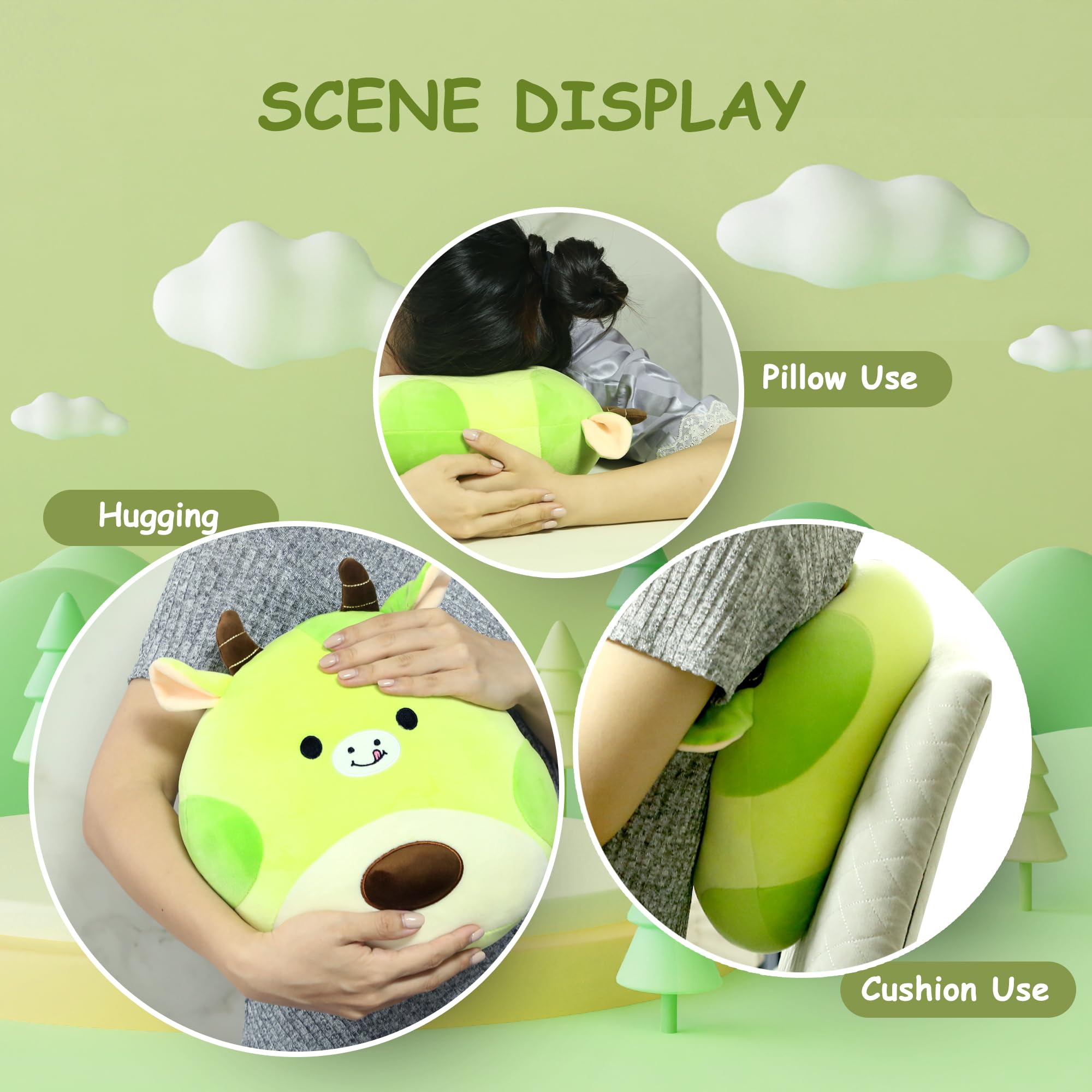 Gudisi Avocado Cow Plush Toy Pillow Cute Stuffed Animal Soft Plushie Doll Gift for Kids Boys Girls Green 12 inch