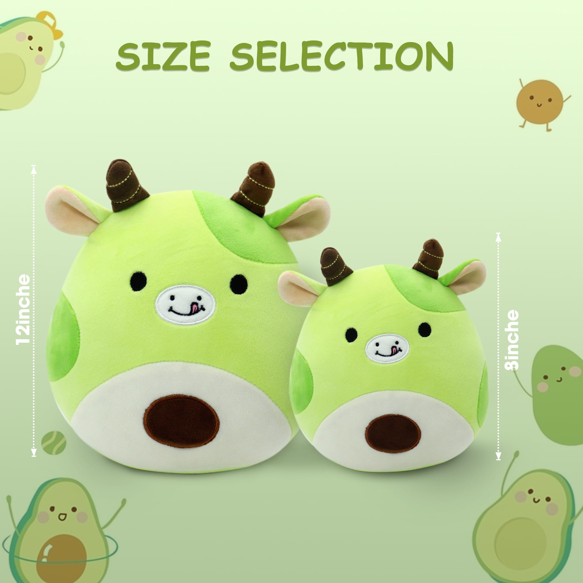 Gudisi Avocado Cow Plush Toy Pillow Cute Stuffed Animal Soft Plushie Doll Gift for Kids Boys Girls Green 12 inch