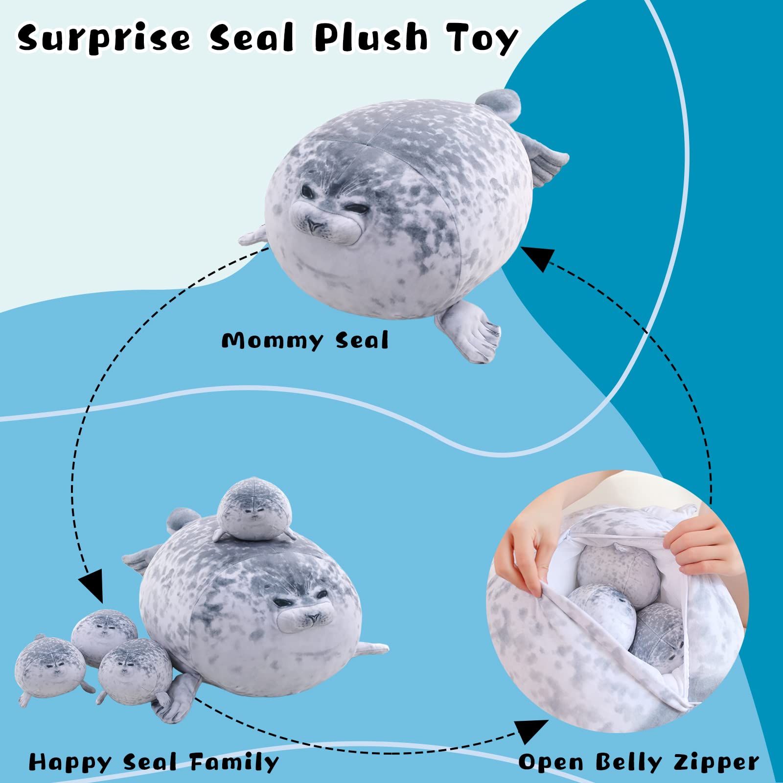 TOYSYM Chubby Blob Seal Pillow Cute Seal Plush with 4 Baby Seal Plushies in Her Tummy, Soft Cotton Stuffed Animals Toy Gifts for Kids