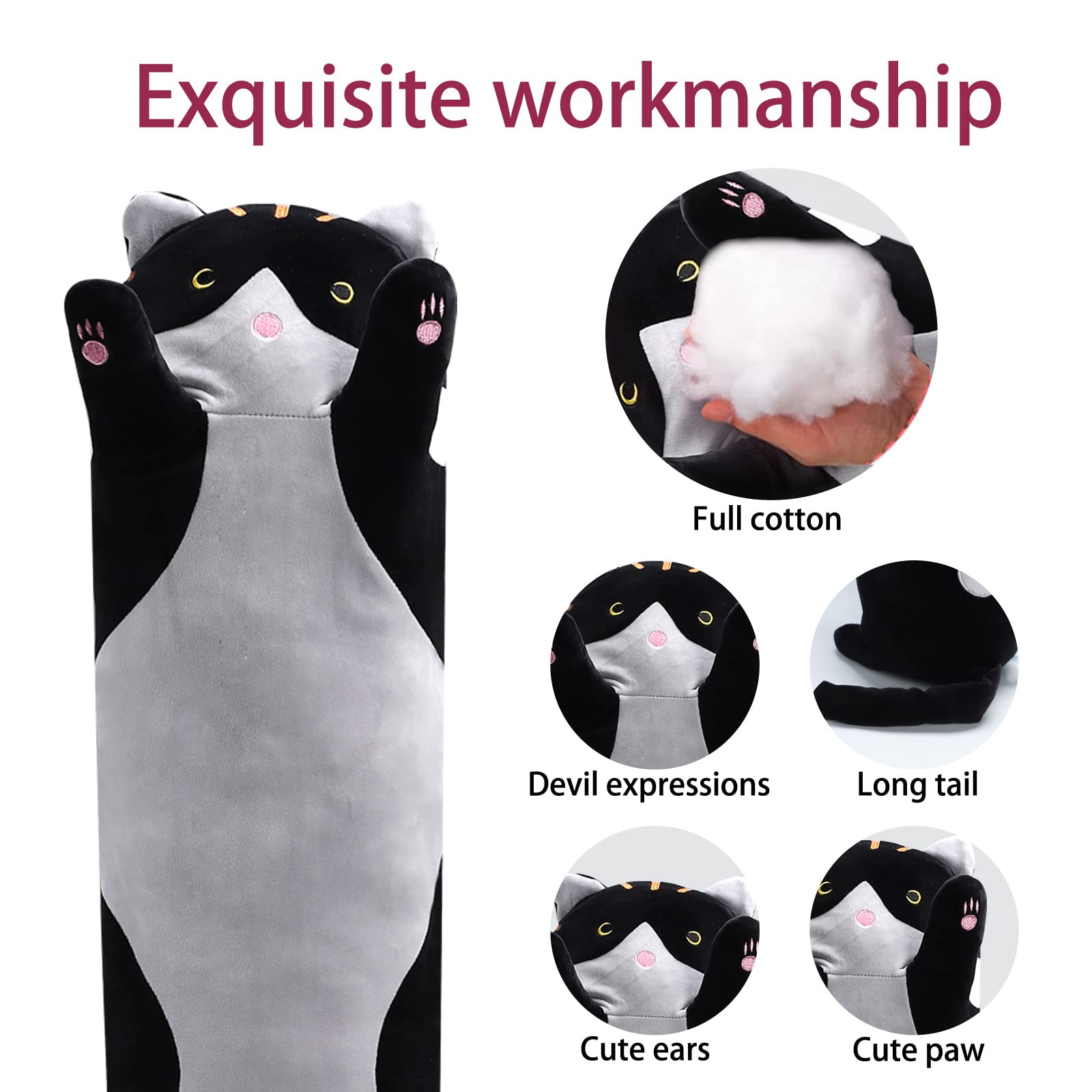 shangman Lovely Plush Cat Doll Cute Cartoon Soft Stuffed Kitten Pillow Long Throw Sleeping Pillow Doll Toy Valentines Day Gift for Kids Girlfriend (Black, 50cm/19.6in)