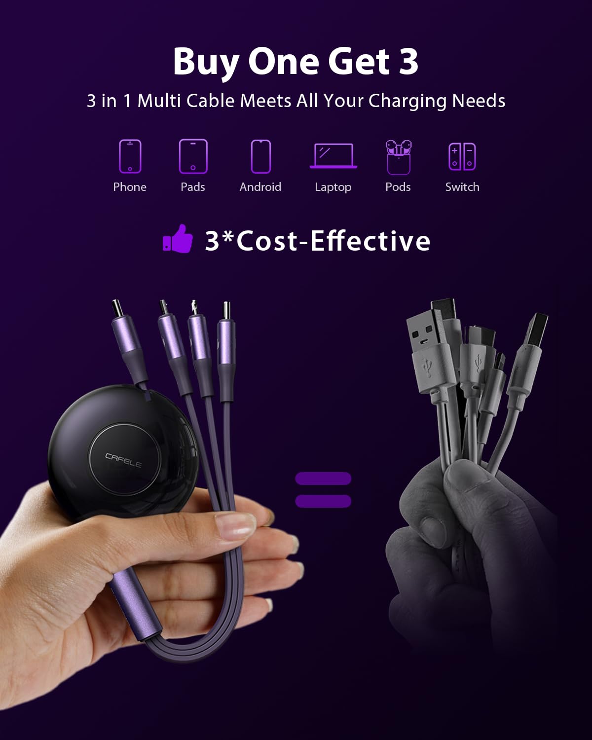 CAFELE Multi Charging Cable [Travel Companion] 100W Retractable Charging Cable, 3in1 Charging Cable Multiple Ends with USB C, USB L, Micro USB, Chargers for Multiple Devices Phone 14 Samsung MacBook