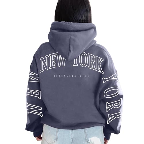 Uscharm Letter Graphic Print Hoodies for Women Oversized Casual Long Sleeve Pullover Tops Drawstring Fall Sweatshirts with Pockets