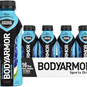 BODYARMOR Sports Drink Sports Beverage, Blue Raspberry, Coconut Water Hydration, Natural Flavors With Vitamins, Potassium-Packed Electrolytes, Perfect For Athletes, 16 Fl Oz (Pack of 12)