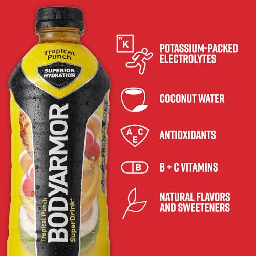 BODYARMOR Sports Drink Sports Beverage, Tropical Punch, Coconut Water Hydration, Natural Flavor With Vitamins, Potassium-Packed Electrolytes, Perfect For Athletes, 28 Fl Oz (Pack of 12)