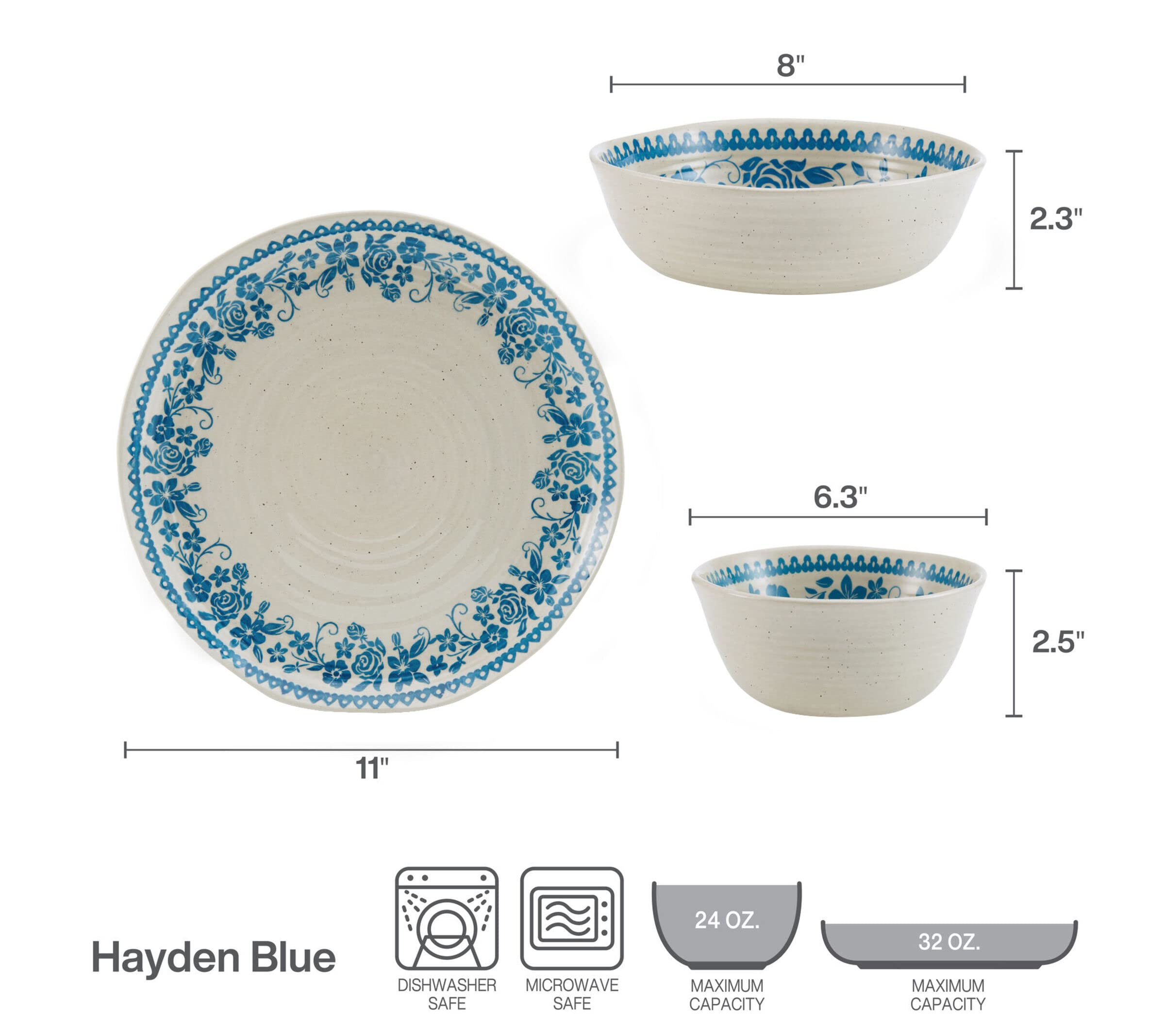 Pfaltzgraff Hayden Floral 12 Piece Dinnerware Set, Service for 4, Blue