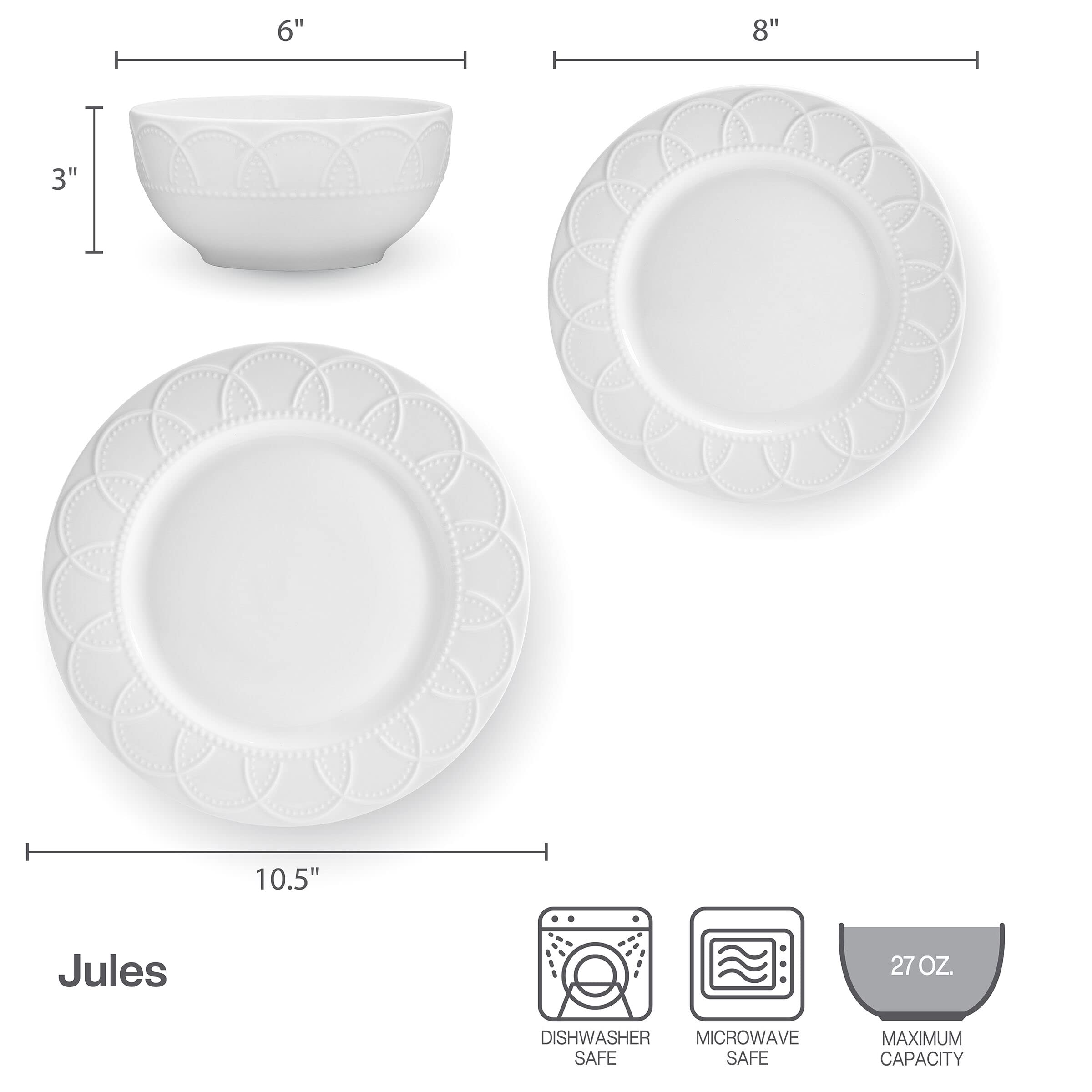 Pfaltzgraff Jules 12 Piece Dinnerware Set, Service for 4 White