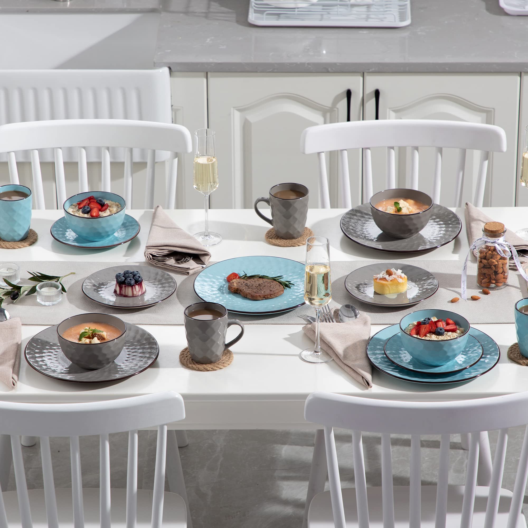 vancasso Gem Embossed Dinnerware Set for 8, Blue and Grey Dinner Service with Brown Rim, 32-Piece Dinner Set with 10.6in Dinner Plate, 7.8in Dessert Plate, 6in Cereal Bowl and 350ml Mug