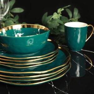 Stone Lain Porcelain 16 Piece Dinnerware Set, Service for 4, Green and Golden Rim