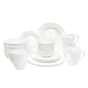 Bone China 20 Piece Dinnerware Set, Service for 4, White, Microwave Safe, Chip Resistant, Translucent, Elegant giftware, Dish set, For, Essential Home, Formal and Everyday Living, Kitchen set, display