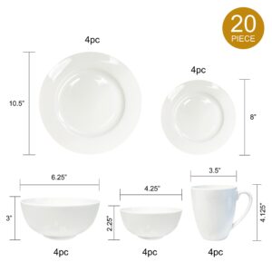 Bone China 20 Piece Dinnerware Set, Service for 4, White, Microwave Safe, Chip Resistant, Translucent, Elegant giftware, Dish set, For, Essential Home, Formal and Everyday Living, Kitchen set, display