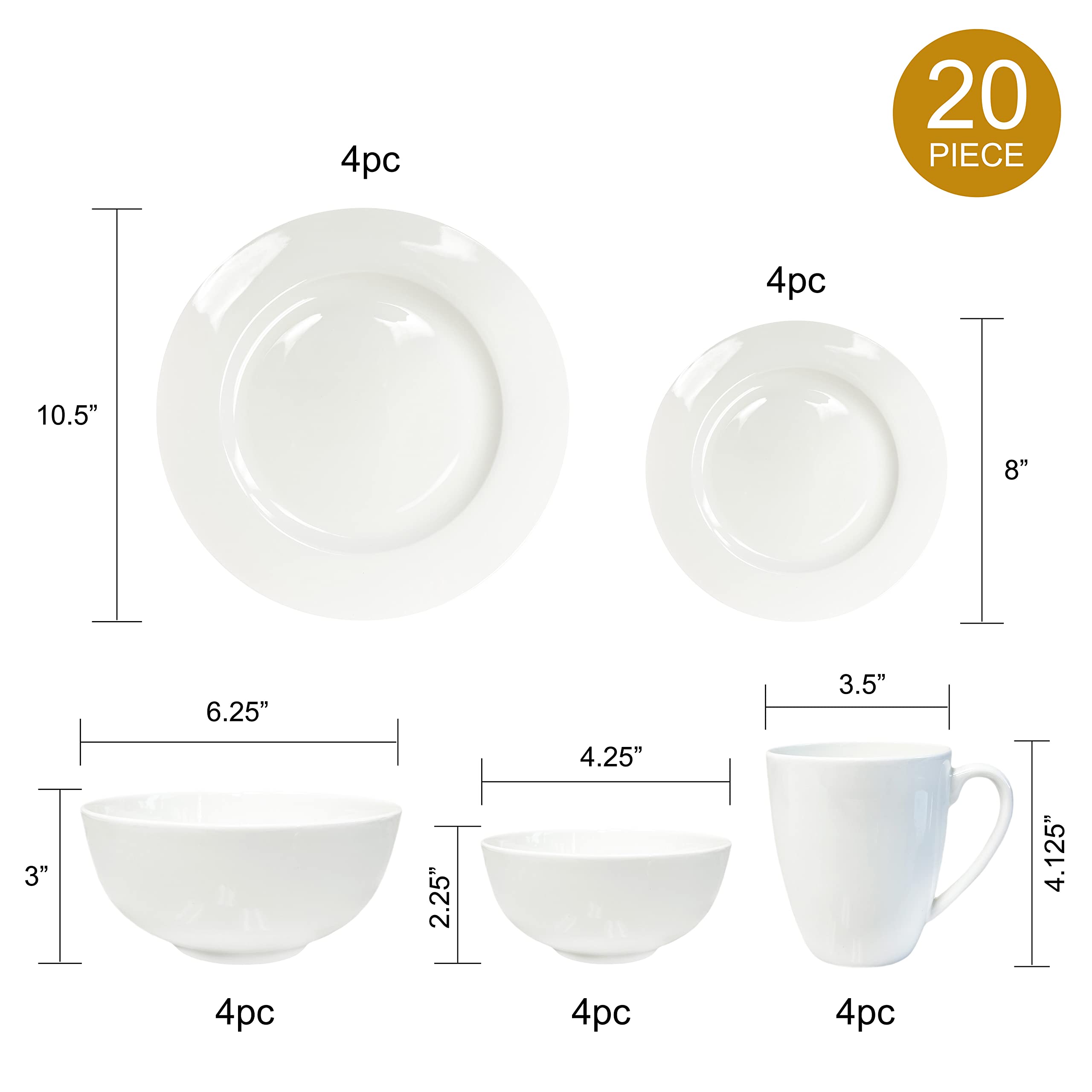 Bone China 20 Piece Dinnerware Set, Service for 4, White, Microwave Safe, Chip Resistant, Translucent, Elegant giftware, Dish set, For, Essential Home, Formal and Everyday Living, Kitchen set, display