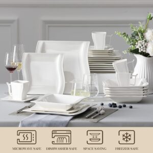 MALACASA Plates and Bowls Sets, 36-Piece Ivory White Square Dinnerware Sets for 6, Porcelain Kitchen Plate Bowl Set, Dishes, Cup and Saucer Set, Modern Dinnerware Set, Series Flora