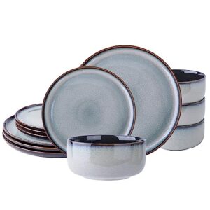 LeRATIO Ceramic Dinnerware Set of 4, Poreclain Plates, Bowls, Handmade Reactive Glaze Dishes, Chip Resistant, Oven & Dishwasher Safe, Service for 4-Gray White