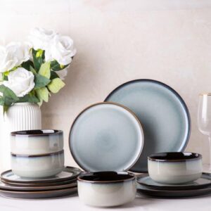 leratio ceramic dinnerware set of 4, poreclain plates, bowls, handmade reactive glaze dishes, chip resistant, oven & dishwasher safe, service for 4-gray white