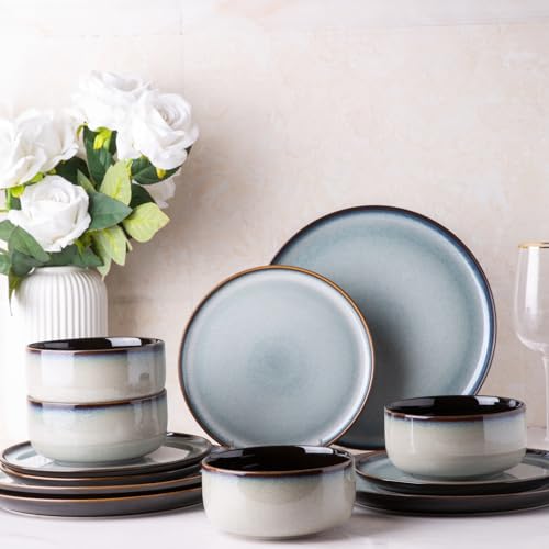 LeRATIO Ceramic Dinnerware Set of 4, Poreclain Plates, Bowls, Handmade Reactive Glaze Dishes, Chip Resistant, Oven & Dishwasher Safe, Service for 4-Gray White