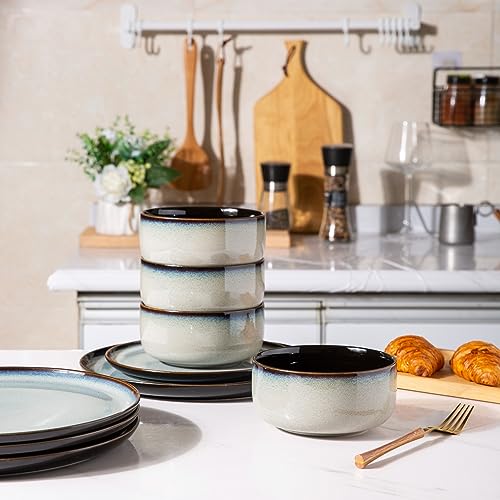 LeRATIO Ceramic Dinnerware Set of 4, Poreclain Plates, Bowls, Handmade Reactive Glaze Dishes, Chip Resistant, Oven & Dishwasher Safe, Service for 4-Gray White