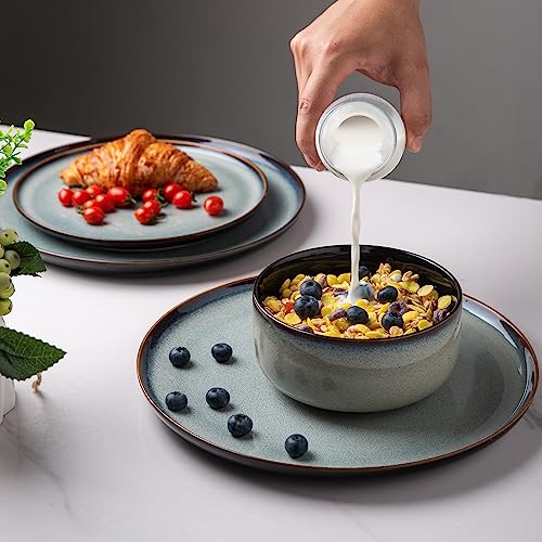 LeRATIO Ceramic Dinnerware Set of 4, Poreclain Plates, Bowls, Handmade Reactive Glaze Dishes, Chip Resistant, Oven & Dishwasher Safe, Service for 4-Gray White