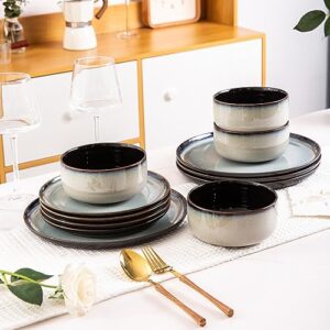 LeRATIO Ceramic Dinnerware Set of 4, Poreclain Plates, Bowls, Handmade Reactive Glaze Dishes, Chip Resistant, Oven & Dishwasher Safe, Service for 4-Gray White