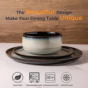 LeRATIO Ceramic Dinnerware Set of 4, Poreclain Plates, Bowls, Handmade Reactive Glaze Dishes, Chip Resistant, Oven & Dishwasher Safe, Service for 4-Gray White