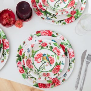 LEHAHA 12 Pcs Melamine Dinnerware Sets, Rose Flower Plates and Bowls Sets, Set of 4 Spring Floral Dishes Dinnerware Set, Great For Valentine's Day,Christmas, Mother's Day and Daily Use, Red Rose