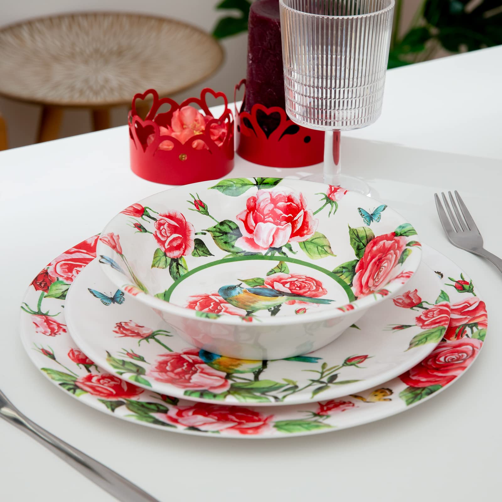 LEHAHA 12 Pcs Melamine Dinnerware Sets, Rose Flower Plates and Bowls Sets, Set of 4 Spring Floral Dishes Dinnerware Set, Great For Valentine's Day,Christmas, Mother's Day and Daily Use, Red Rose