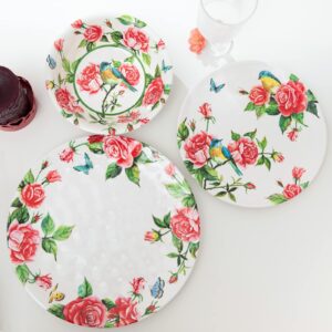 LEHAHA 12 Pcs Melamine Dinnerware Sets, Rose Flower Plates and Bowls Sets, Set of 4 Spring Floral Dishes Dinnerware Set, Great For Valentine's Day,Christmas, Mother's Day and Daily Use, Red Rose