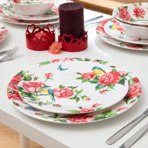 LEHAHA 12 Pcs Melamine Dinnerware Sets, Rose Flower Plates and Bowls Sets, Set of 4 Spring Floral Dishes Dinnerware Set, Great For Valentine's Day,Christmas, Mother's Day and Daily Use, Red Rose